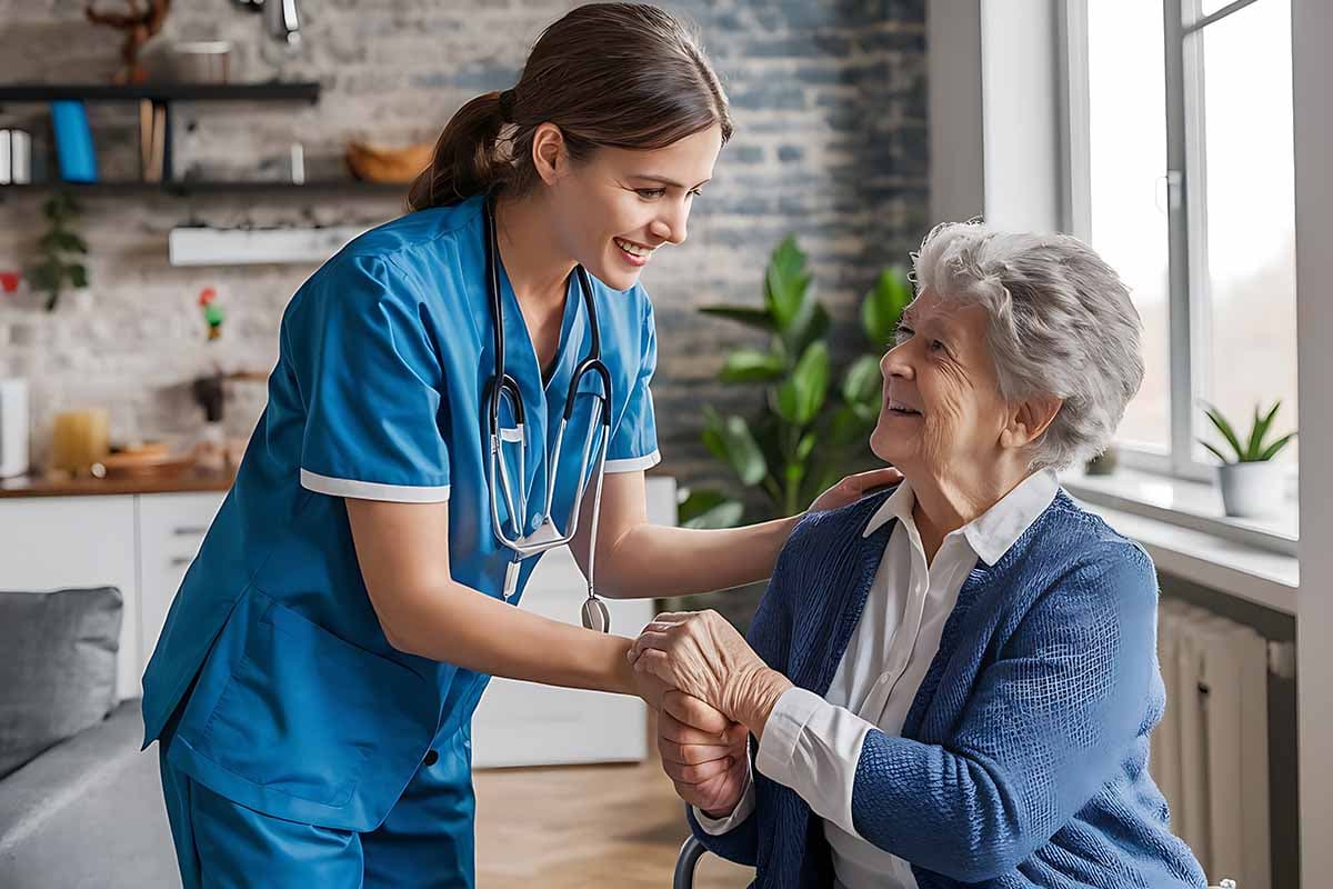 A support worker encouraging an older participant at home
