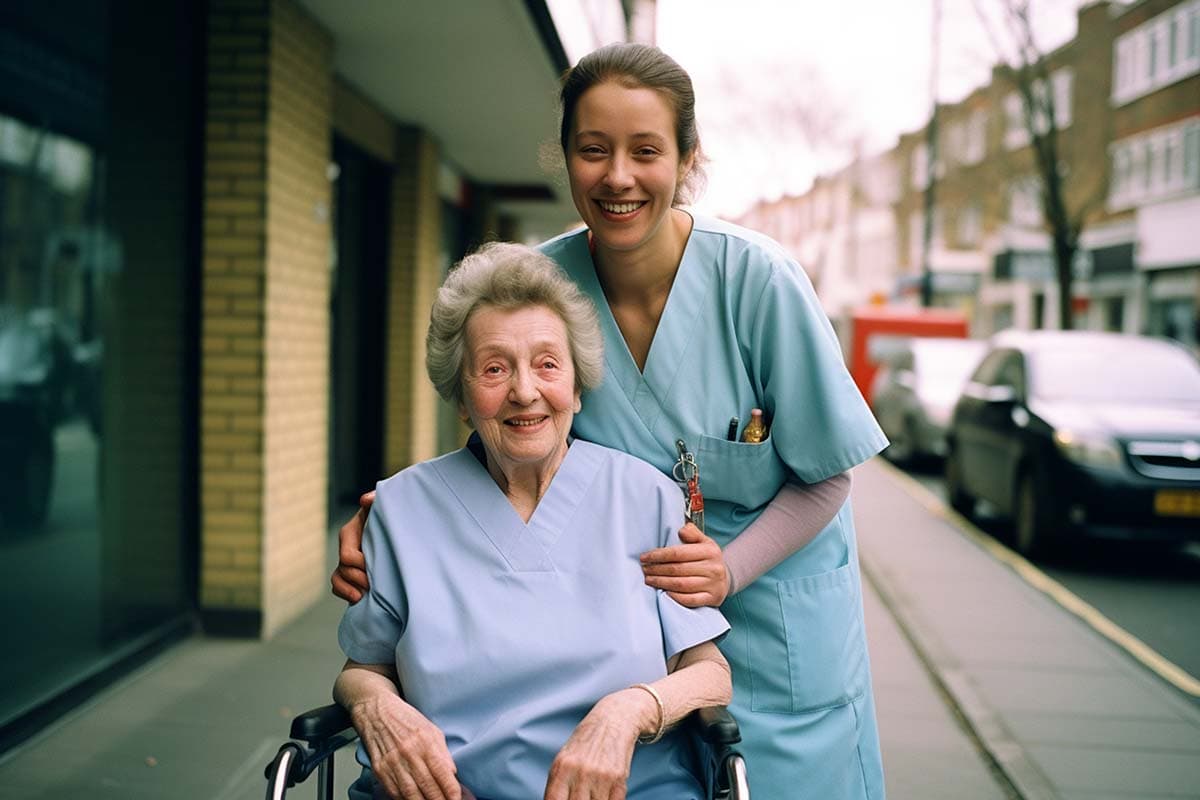 A support worker accompanying a wheelchair user in the community