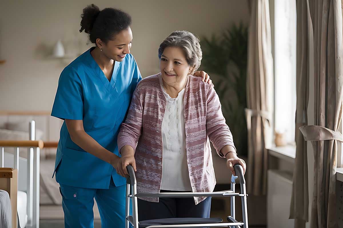 A support worker assisting an older person with a walking frame at home