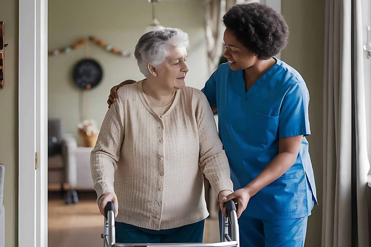 A support worker assisting an older person at home