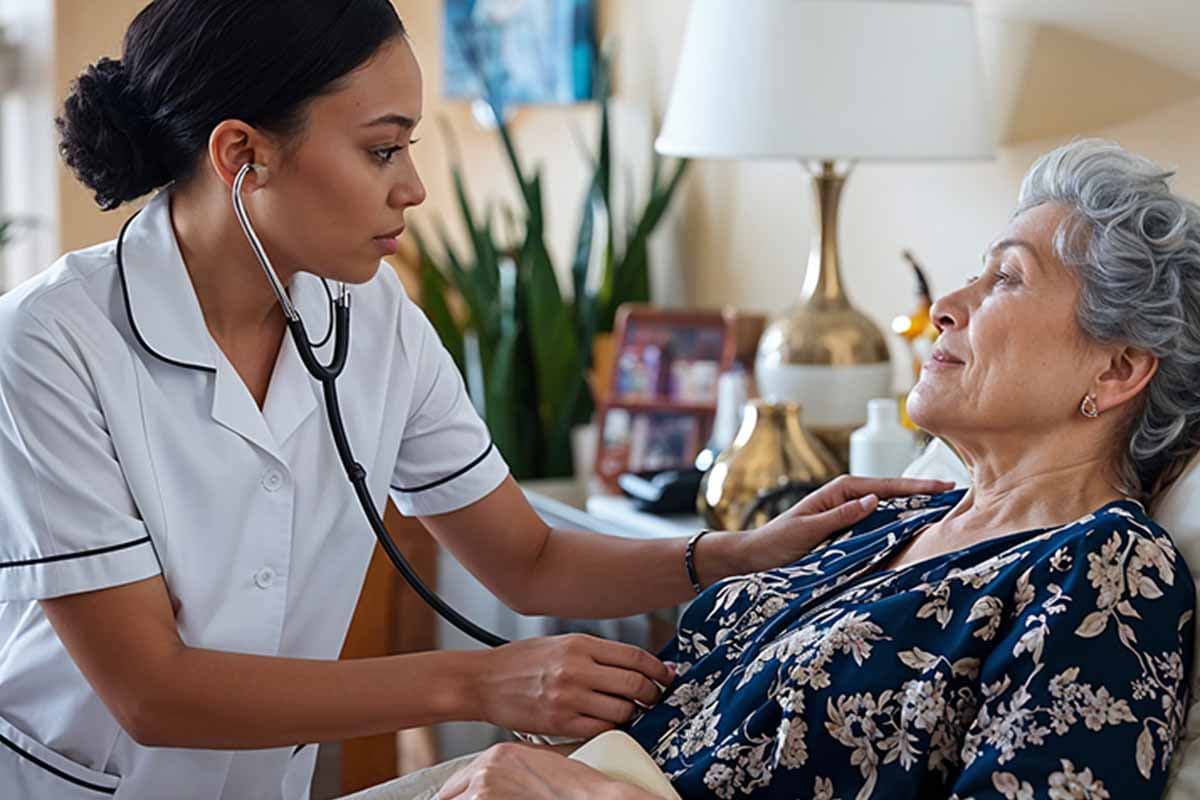 A care professional checking an older participant's health
