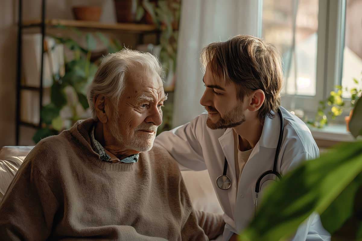A care professional having a supportive conversation with an older participant