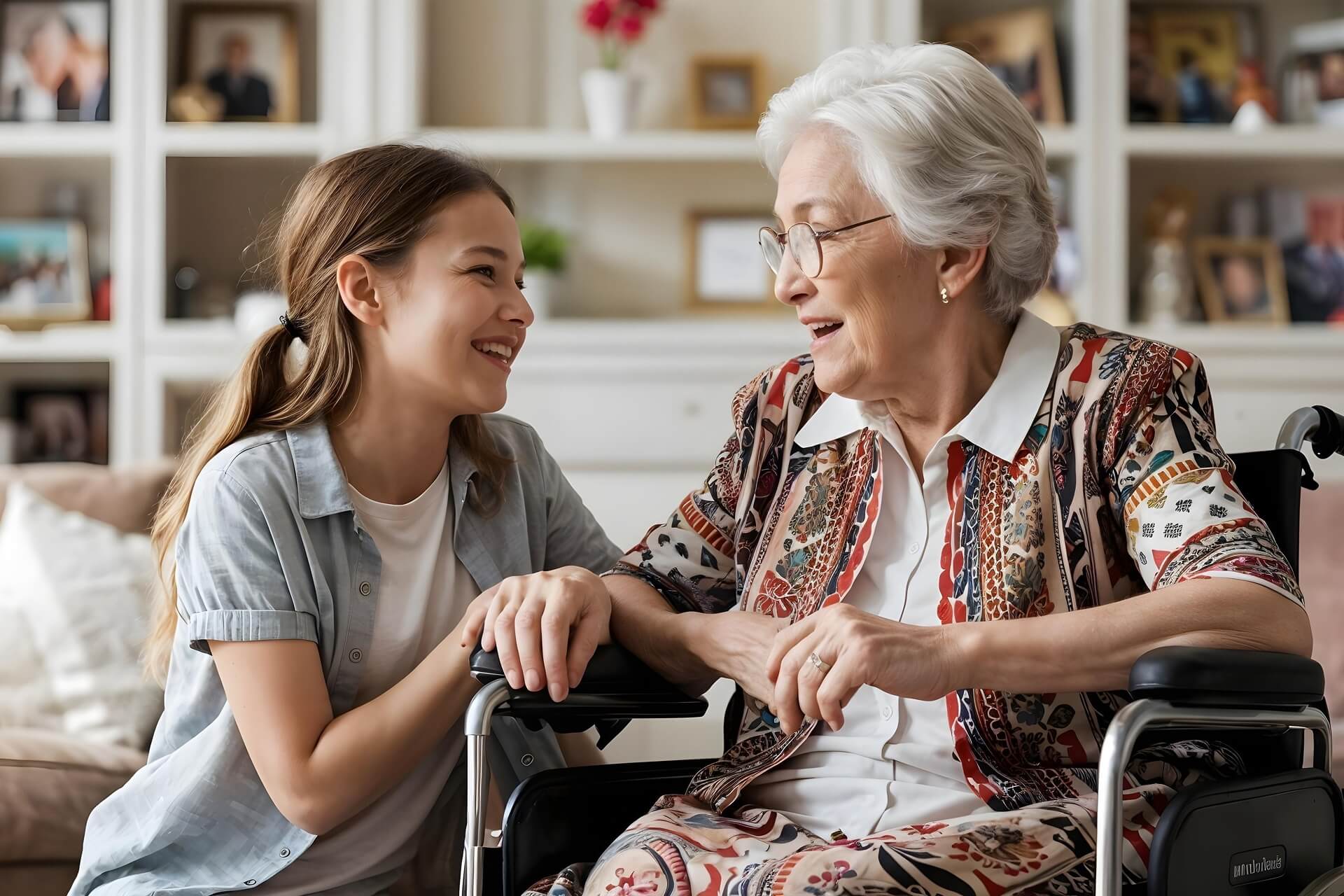 A support worker sharing a warm conversation with an older wheelchair user