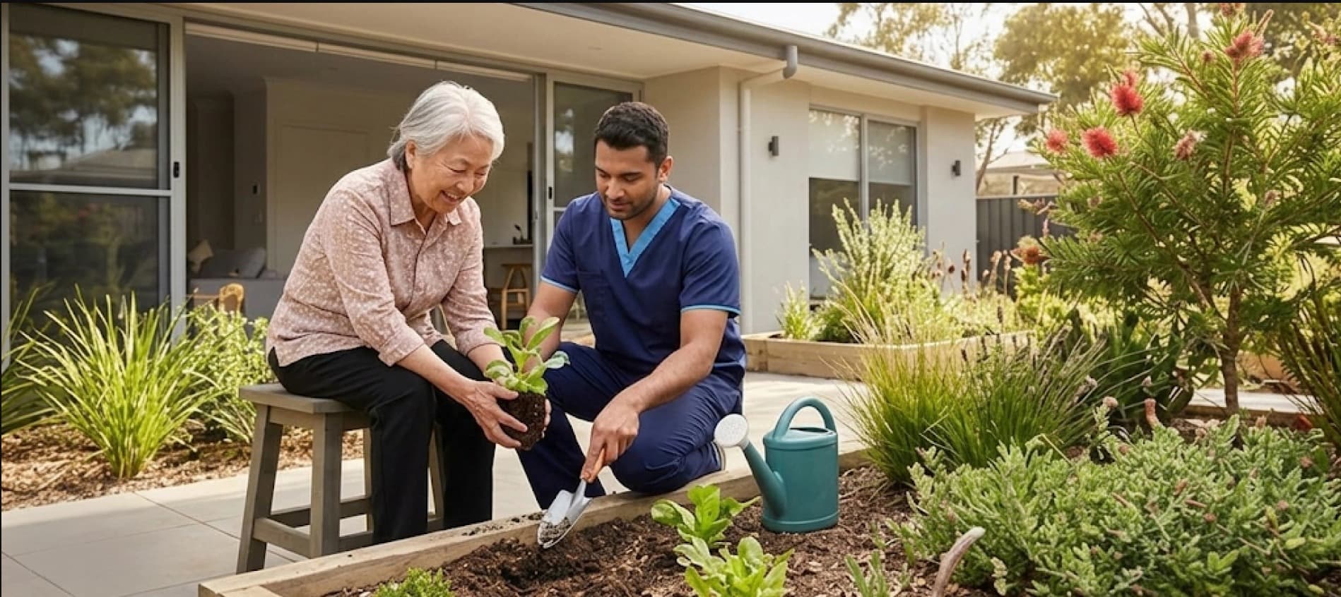 An older woman and support worker planting together in a home garden