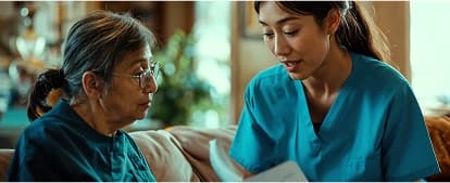A support worker having a caring conversation with an older woman