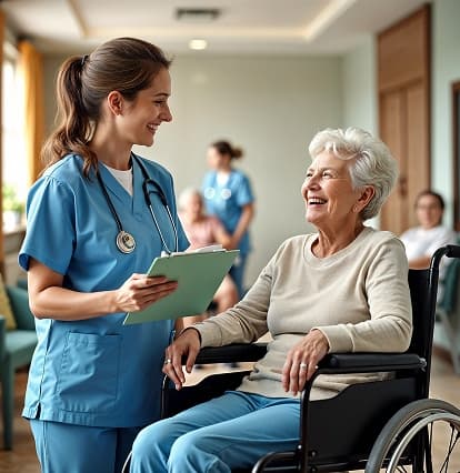 A support professional talking with an older wheelchair user