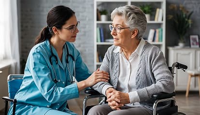 A care professional offering support to an older woman