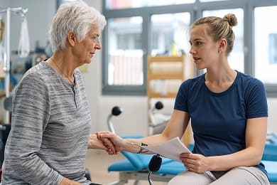 A support professional listening to an older participant